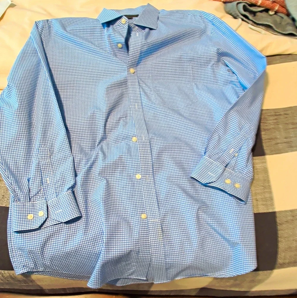 Banana Republic Men's 17.5 32/33 Blue/White Check Non-Iron Cotton Dress Shirt